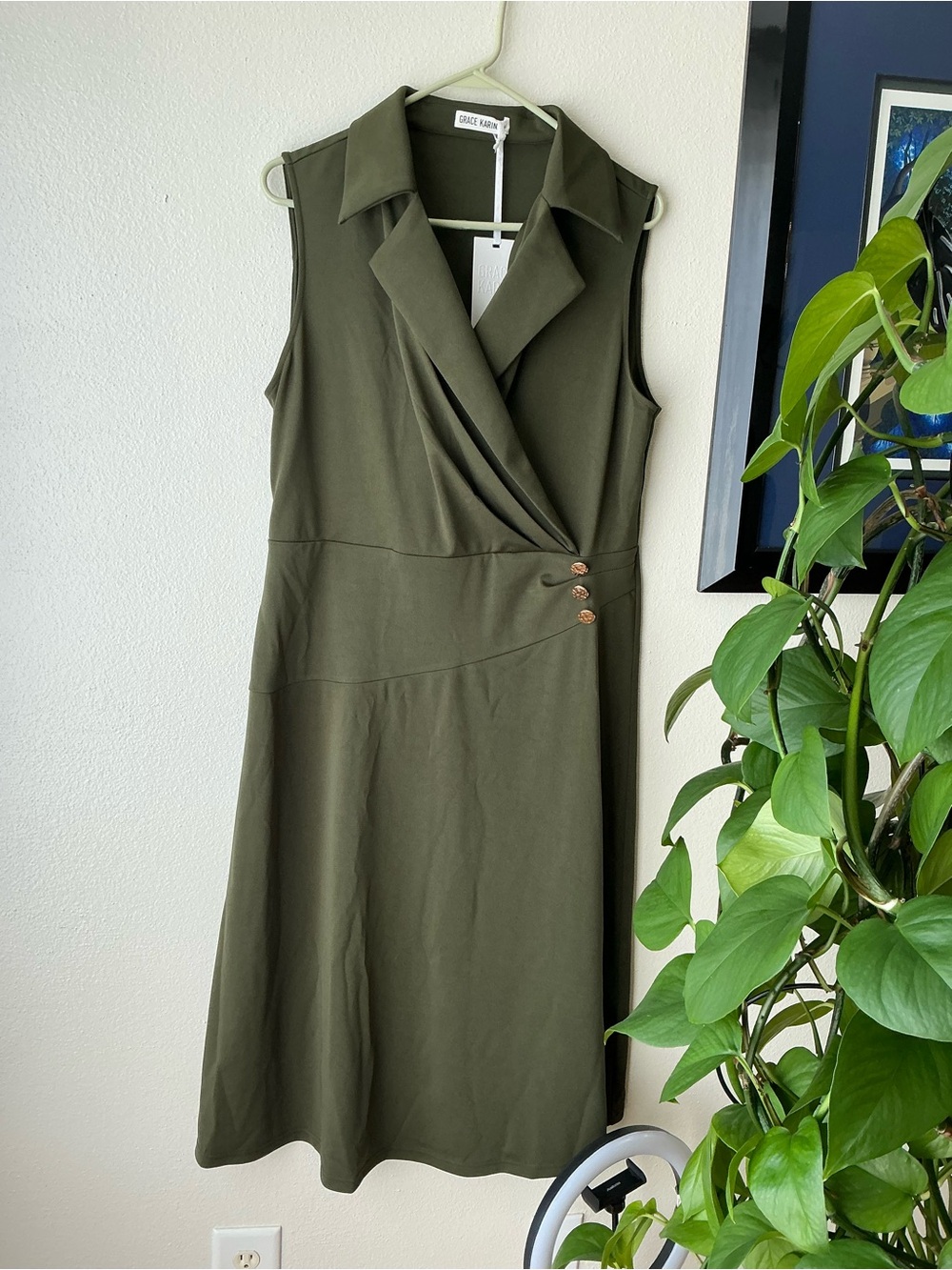 Grace Karin Olive Sleeveless Collared Wrap-Style Midi Dress